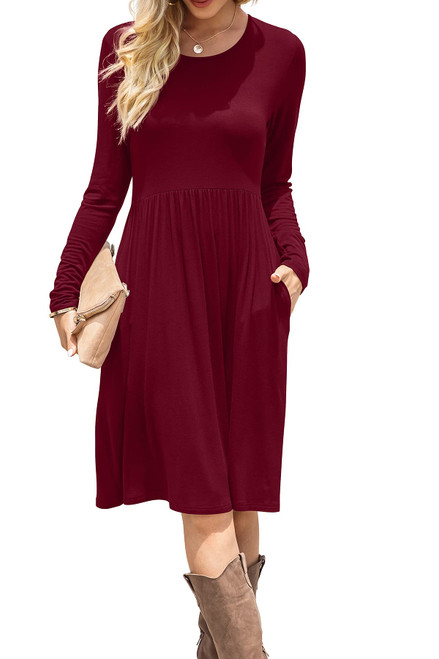 DB MOON Women Casual Long Sleeve Dresses Empire Waist Knee Length Loose Dress with Pockets (Wine Red, XL) DB MOON Women Casual Long Sleeve Dresses Empire Waist Knee Length Loose Dress with Pockets (Wine Red, XL)