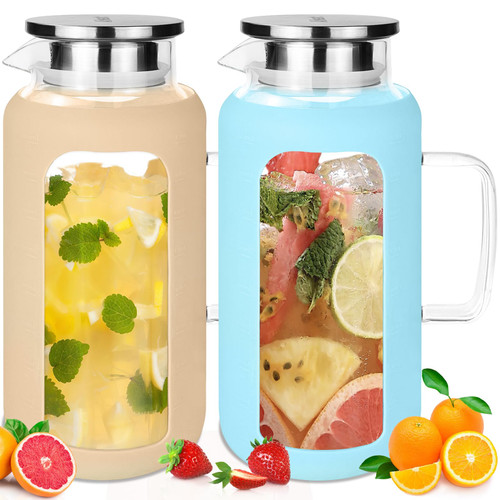 AiHeart Glass Pitcher with Lid,64 oz Glass Water Pitcher with Spout and Silicone Sleeves,Pitcher for Fridge,Iced Tea Pitcher,Hot/Cold Glass Water Jug,Milk,Coffee,Juice Beverage(Blue ?Amber)