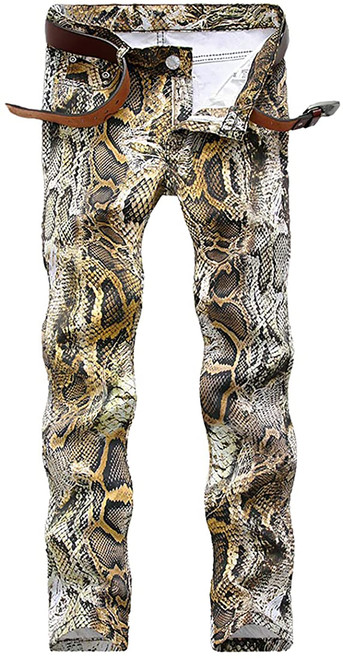 Enrica Men's Casual Printed Jeans Skinny Denim Pants,Snake Skin, 38