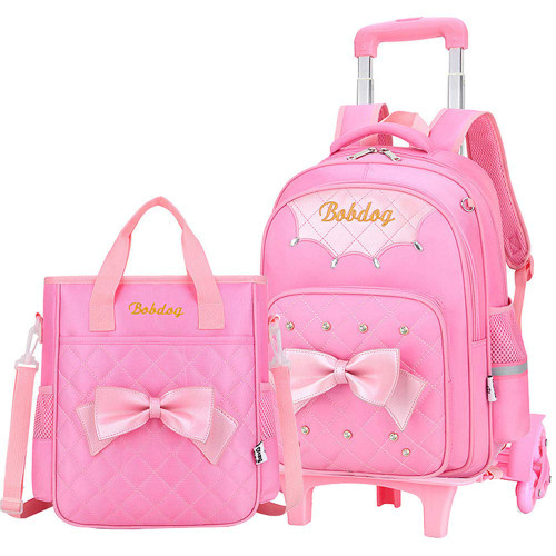 2Pcs Cute Print Bowknot Trolley Backpack Elementary Middle School Rolling Bag Wheeled BookBag for Kids Girls
