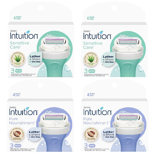 Schick Intuition Sensitive(Aloe)2Pack + Pure Nourishment 2Pack Renewing Advanced Moisture Women Razor Refill Cartridges, 12 count(4Pack), New Version 2022 (Sensitive(Aloe)2P + Pure Nourishment 2P)