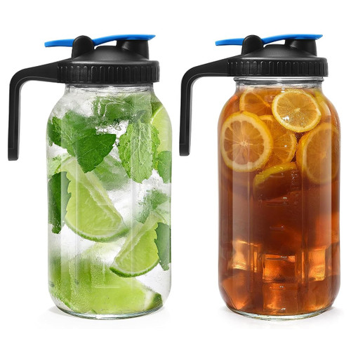 2Pc Glass Mason Jar Pitcher Wide Mouth, 64 oz Mason Jar Pitcher with Airtight Lid - 2 Quart Pitcher for Iced Tea, Cold Brew, Sun Tea, Juice, Coffee