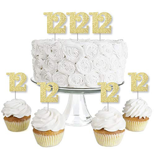 Gold Glitter 12 - No-Mess Real Gold Glitter Dessert Cupcake Toppers - 12th Birthday Party Clear Treat Picks - Set of 24