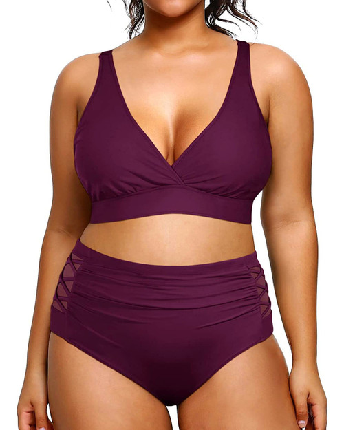 Yonique Womens Plus Size Bikini High Waisted Swimsuits Two Piece Bathing Suits Tummy Control Swimwear Purple 16Plus
