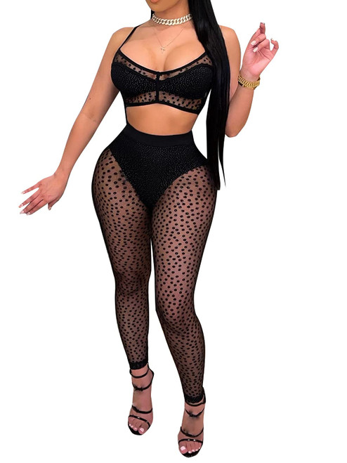 Uni Clau Women Sexy See Through Two Piece Leopard Jumpsuits Halter Camisole Crop Tops Sheer Mesh Skinny Long Pants Club Romper Black 2XL
