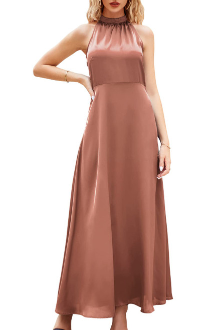 STYLEWORD Women's 2023 Summer Halter Neck Satin Dress Maxi Formal Cocktail Wedding Guest Long Prom Dresses(Pink-3106-M)