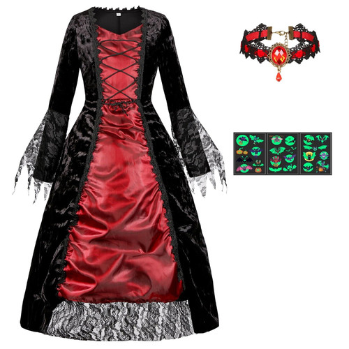 jiobabe Girls Royal Vampire Costume Dress Kids Girls Halloween Costume Medieval Victorian Vampiress Queen Cosplay with Accessories Choker Rose Glow in the Dark Stickers GR001M