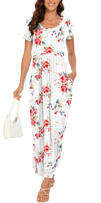 HAOMEILI Women's Short Sleeve Floral Dress Loose Plain Maxi Dresses Casual Long Dresses with Pockets(Print White XL) HAOMEILI Women's Short Sleeve Floral Dress Loose Plain Maxi Dresses Casual Long Dresses with Pockets(Print White XL)