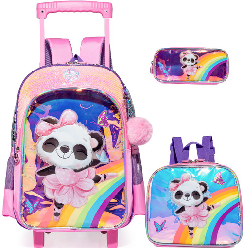 MYHSBYO Panda Rolling Backpack for Girls Kids School Wheels Backpack for Girls Sequin Backpack with Lunch Box Roller Backpack for Elementary School