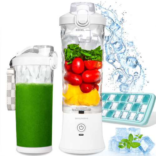 SHUNSHI Portable Blender 20 Oz, Personal Size Blender for Shakes and Smoothies with 6 Blades, Mini Small Smoothie Blender Bottles for Kitchen, Home, Travel (White+ice cube tray)