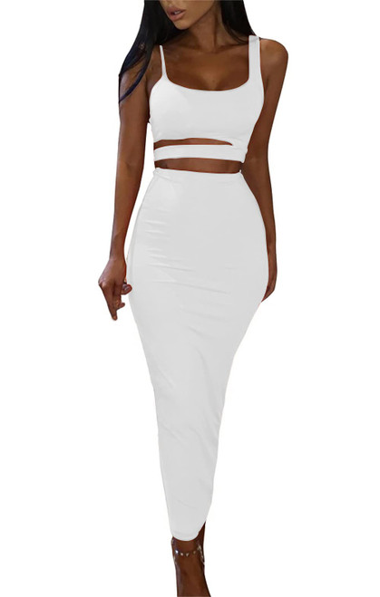 PRIMODA Women's Sexy Asymmetrical Spaghetti Strap Dress Square Neck Sleeveless Bodycon Midi Club Dress(White S)