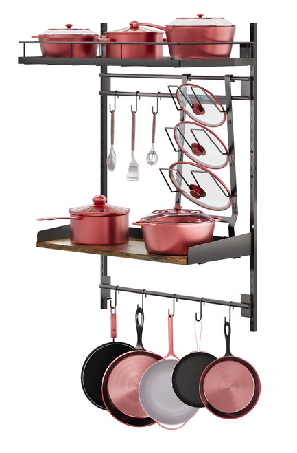 LUMAMU Hanging Pot Rack,Wall Mounted Pot and Pan Organizer,2 Tier Pots Holder for Kitchen Storage,Pans Hanger Shelf with Pan Lid Organizer,8 Hooks,for Cookware, Pans, Utensils Organization,Black
