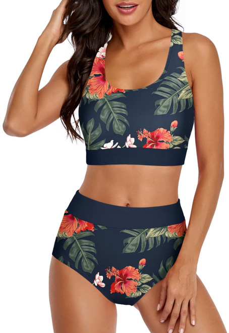 Omichic Women's High Waisted Two Piece Bikini Set Vintage Swimsuit Halter Top with Bottom Bathing Suit Sporty Swimwear