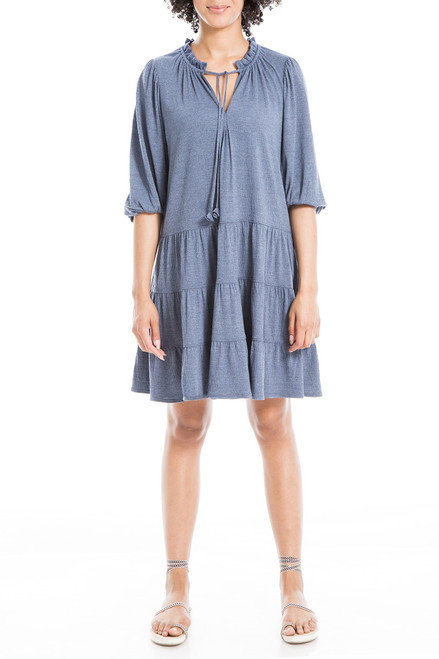 Max Studio Women's Crinkled Jersey 3/4 Sleeve Tiered Short Dress, Denim-0T73