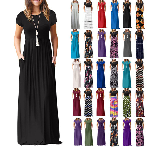 ZEFOTIM Womens Maxi Dresses,Summer Loose Plain Long Maxi Dresses with Pockets Casual Short Sleeve Crewneck Maxi Dresses Summer Dresses for Women 2022 Maxi Dress for Women(A-Black,X-Large)