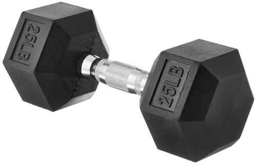 Amazon Basics Rubber Encased Exercise & Fitness Hex Dumbbell, Hand Weight For Strength Training, 25 Pounds, 11.3 Kilograms, Black & Silver