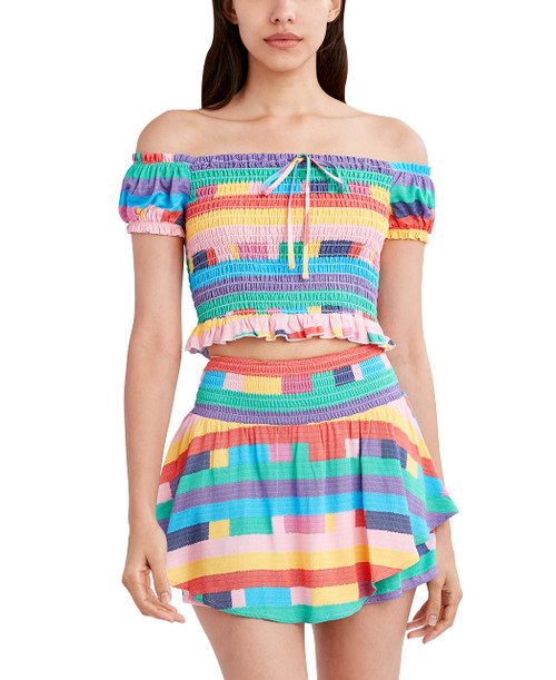 BCBGeneration womens Fitted Short Sleeve Smocked Bodice Square Neck Cropped Top Shirt, Playful Stripe, X-Small US