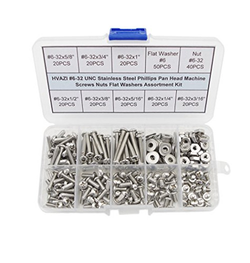 HVAZI #6-32 UNC Stainless Steel Phillips Pan Head Machine Screws Nuts Flat Washers Assortment Kit