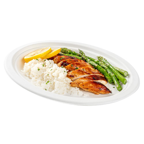 Restaurantware Pulp Safe No PFAS Added 10.4 x 7.8 Inch Medium Oval Plates, 100 Disposable Plates - Sustainable, Microwavable And Freezable, White Bagasse Plates, For Hot And Cold Foods