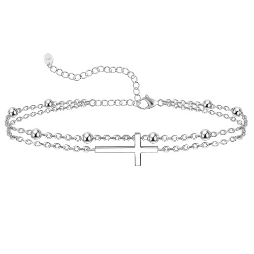 CHIC & ARTSY Cross Anklet 925 Sterling Silver Sideways Cross Anklet Bracelet Christian Cross Layered Anklet for Women Tiny Cross Anklet Double Layer Cross Anklet Bracelet