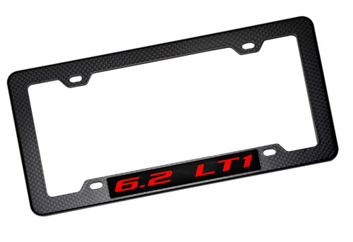 ERPART Black Carbon Fiber Look License Plate Frame with 6.2 LT1 RED on Black Highly Polished Real Aluminum Emblem