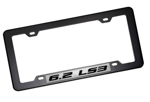 ERPART Black Carbon Fiber Look License Plate Frame with 6.2 LS3 Black on Silver Highly Polished Real Aluminum Emblem
