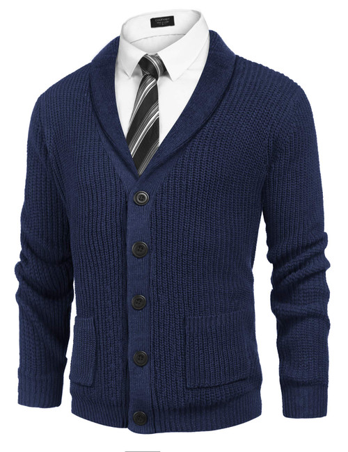 COOFANDY Men's Cotton Shawl Collar Cardigan Sweaters Button Up Slim Fit Rib Knit Sweater with Pockets