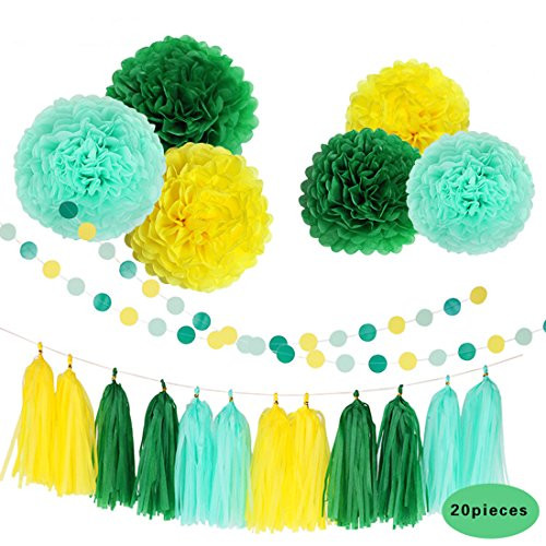 ZJCilected 20 Pcs Tissue Paper Pom Poms Flowers Tissue Tassel Garland Polka Dot Paper Garland Kit for Wedding Party Decorations (Dark Green+Mint Green+Yellow)