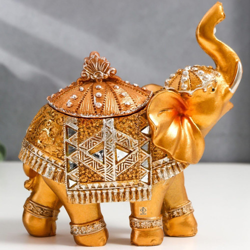 AEVVV Golden Elephant Statue Mirror-Adorned Jewelry Box - Handcrafted Souvenir - Elephant Trinket Box with Raised Trunk - Aesthetic Room Decor - Handmade Gold Elephant