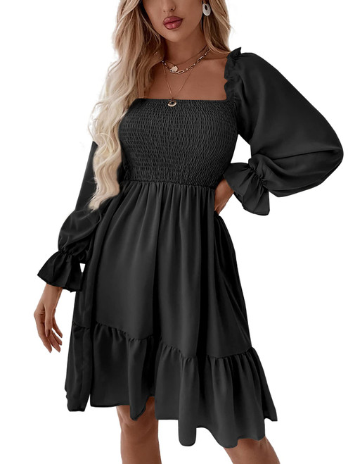 LYANER Women's Long Puff Sleeve Square Neck Shirred Ruffle Swing Midi Dress Solid Black Large