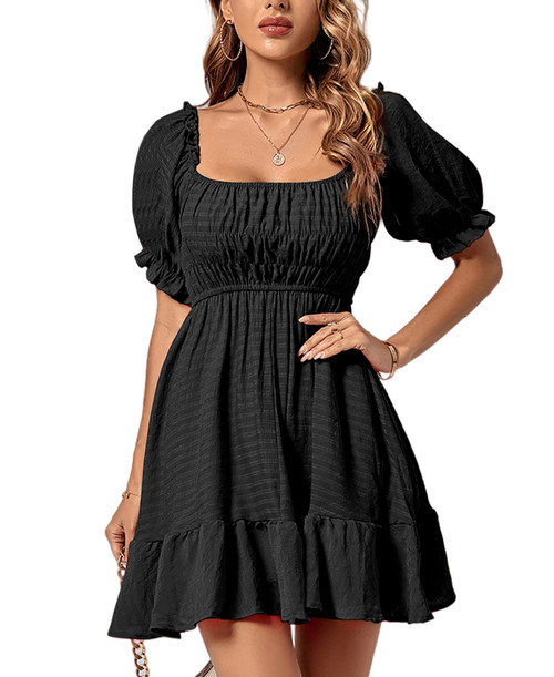 Rooscier Women's Square Neck Puff Short Sleeve Shirred Ruffle Flared Swing Mini Dress Solid Black Large