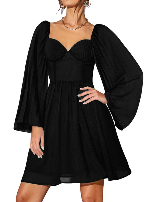 Rooscier Women's V Neck Pleated Long Sleeve High Waist Swing A Line Party Mini Dress Black Medium