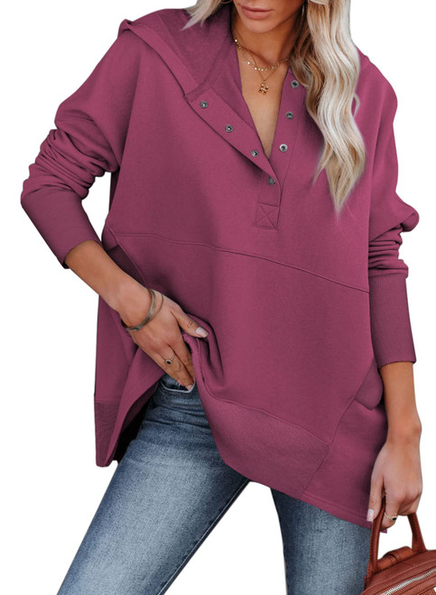 AlvaQ Women Casual Henley Hoodie Pullover Oversize V Neck Long Sleeve Button Down Sweatshirt with Pocket Plus Size Purple 2X