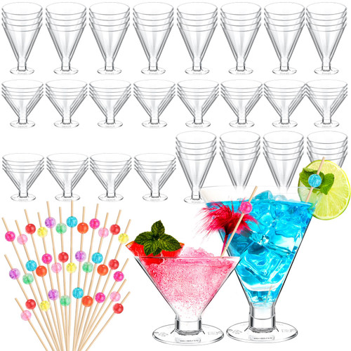 Sliner 200 Pcs Plastic Martini Glasses and Pearl Cocktail Picks Disposable Cocktail Glasses 5 oz/6 oz Cocktail Toothpicks for Appetizer Disposable Margarita Glasses Dessert Cups for Party Wine Dessert