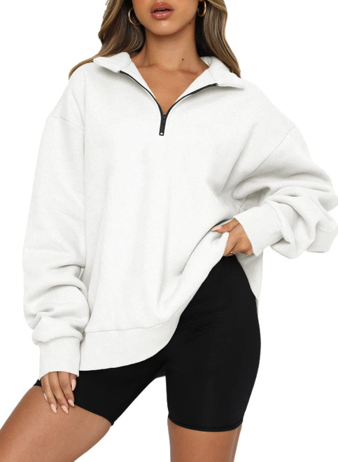 BLENCOT Women Half Zip Oversized Sweatshirts Long Sleeve Solid Color Drop Shoulder Fleece Workout Pullover White L
