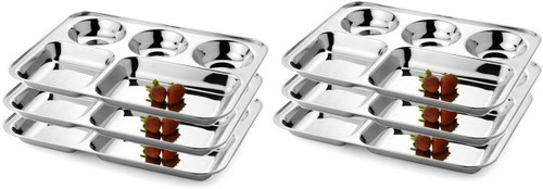 Pack of 6 Stainless Steel 5 Compartment Rectangular Plates for Daily Use Mess Tray, Food Divided Plates, Kids Lunch Plates Or Every Day Use, Compartment Divided Plates Pack of 6 Stainless Steel 5 Compartment Rectangular Plates for Daily Use Mess Tray, Food Divided Plates, Kids Lunch Plates Or Every Day Use, Compartment Divided Plates