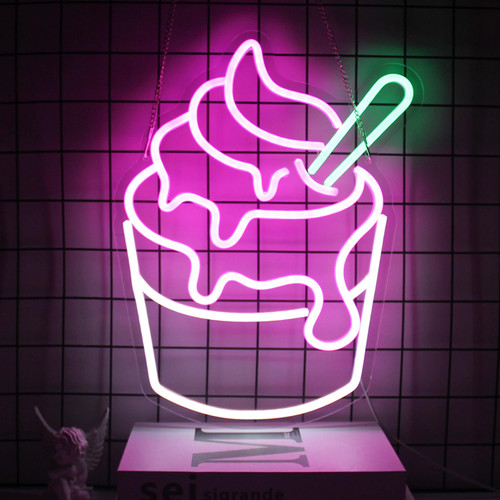 CKTBLEY Ice Cream Neon Sign Pink White Sundae LED Neon Lights Signs Cupcake Neon Signs for Business Wall Decor Melting Ice Cream LED Signs for Bedroom Dessert Shop Restaurant Store Bar Decoration