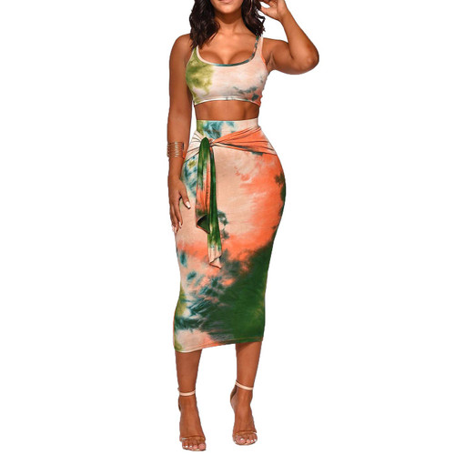 IyMoo Womens Sexy Boho Print Print Tanks Crop Top Bandage Bodycon 2 Pieces Long Midi Pencil Dresses Outfits Skirt Set Dark Green M