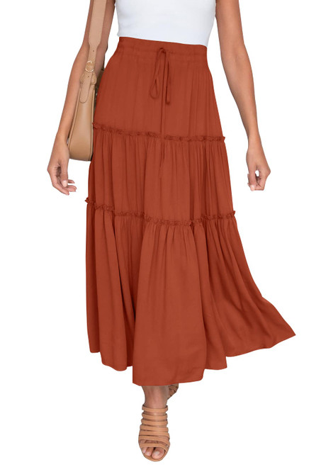 HAEOF Women's Boho Elastic High Waist A Line Ruffle Swing Beach Maxi Skirt with Pockets (Caramel, Medium)