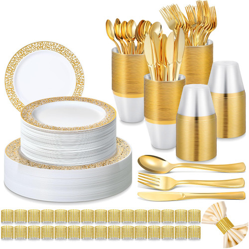 Bokon 210 Pcs Gold Plastic Dinnerware Disposable Gold Lace Plate Set Include 30 Dinner Plate 30 Dessert Plate 30 Napkin Rings 30 Fork 30 knives 30 Spoon 30 Cup for Wedding Birthday Party, Serve for 30 Bokon 210 Pcs Gold Plastic Dinnerware Disposable Gold Lace Plate Set Include 30 Dinner Plate 30 Dessert Plate 30 Napkin Rings 30 Fork 30 knives 30 Spoon 30 Cup for Wedding Birthday Party, Serve for 30