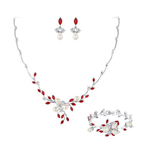 EVER FAITH Party Prom Cubic Zirconia Jewelry Set, Simulated Pearl Marquise Flower Filigree Necklace Earrings Bracelet Set Red Silver-Tone EVER FAITH Party Prom Cubic Zirconia Jewelry Set, Simulated Pearl Marquise Flower Filigree Necklace Earrings Bracelet Set Red Silver-Tone