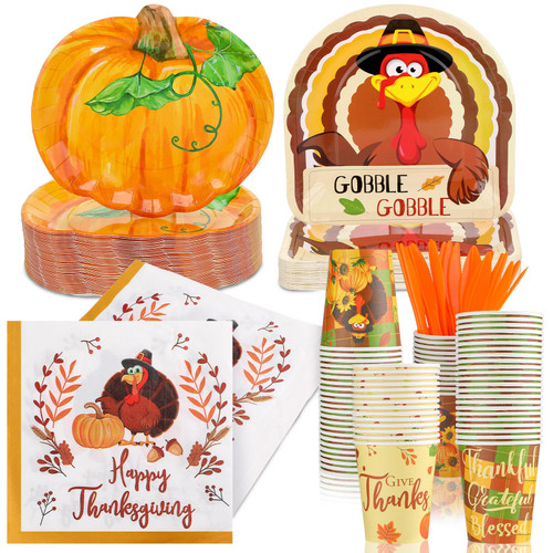 Suttmin 350 Pieces Thanksgiving Disposable Dinnerware Set, Serves 50, Thanksgiving Paper Plates Turkey Napkins Fall Cups Cutlery for Fall Autumn Harvest Party Decorations