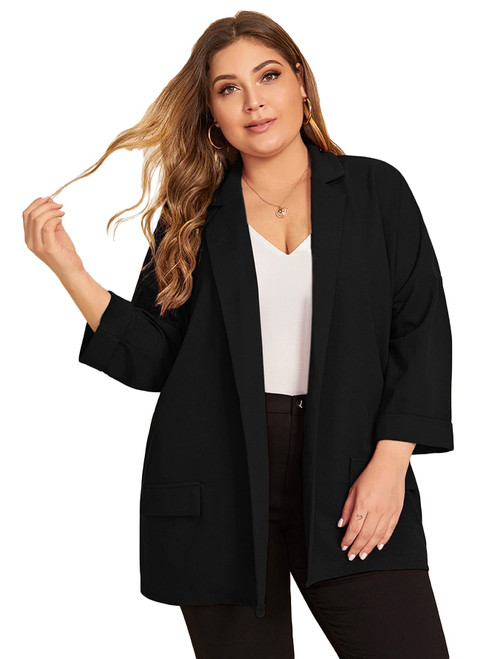 WDIRARA Women's Plus Size Long Sleeve Blazer Casual Open Front Cardigan Jacket Black 2XL