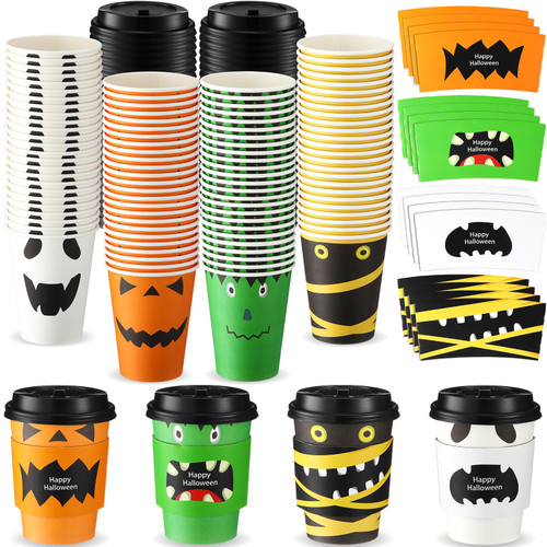 Umigy 100 Pack Halloween Disposable Coffee Cups 12 oz Paper Coffee Cups with Dome Lids and Sleeves Hot Cold Beverage Coffee Juice Drinking Cups for Halloween Party Decoration (Ghost Style)