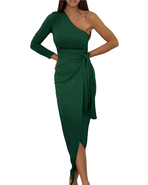 BTFBM Women Elegant Long Sleeve One Shoulder Cocktail Dress Bodycon Ruched Tie Waist Wrap Dress Solid Color Midi Party Dress(Solid Dark Green,Medium)