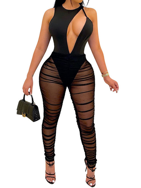 Uni Clau Women Sexy See Through Two Piece Jumpsuits Halter Camisole V Neck Bodysuit Sheer Mesh Long Skinny Pants Jumpsuit Club Long Romper Black S
