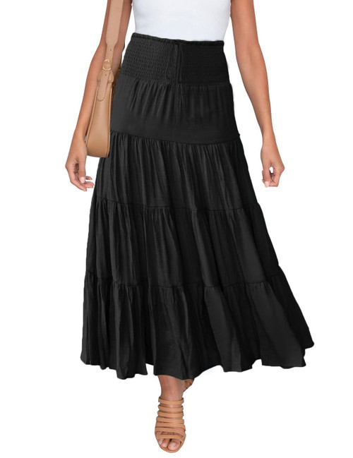 HAEOF Women's Summer Elastic High Waist Boho Maxi Skirt Casual Drawstring A Line Long Skirt Black Large