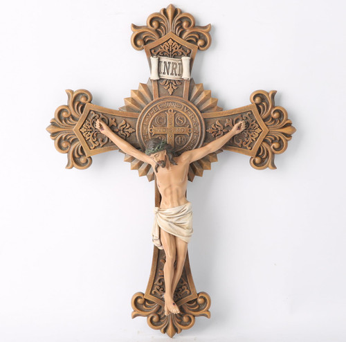 BC CATHOLIC Saint Benedict Detail Crucifix, Holy Wall Cross, Religious Gift, Vintage Style, Hand-painted in Wood and Realistic Jesus, 12"H BUILDCLASSIC BC CATHOLIC Saint Benedict Detail Crucifix, Holy Wall Cross, Religious Gift, Vintage Style, Hand-painted in Wood and Realistic Jesus, 12"H BUILDCLASSIC