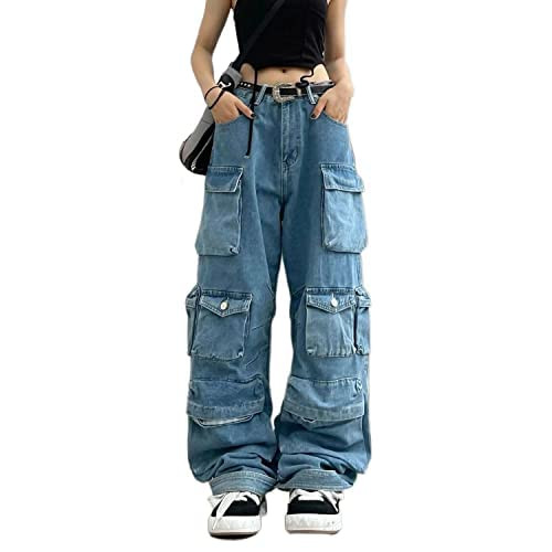 Women's Y2K Baggy Cargo Jeans Y2K Clothing Wide Leg Cargo Pants with Pockets Harajuku Goth Pants Fairy Grunge Clothes