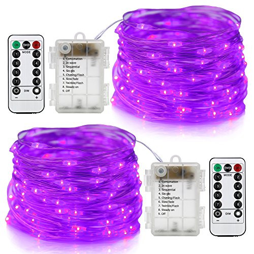 Lhomeled 2 Pack 50 Led String Lights Fairy Lights Battery Operated Waterproof Fairy String Lights with Remote Control Timer 8 Modes 16.5ft Copper Wire Christmas Lights Halloween Christmas Decor Purple